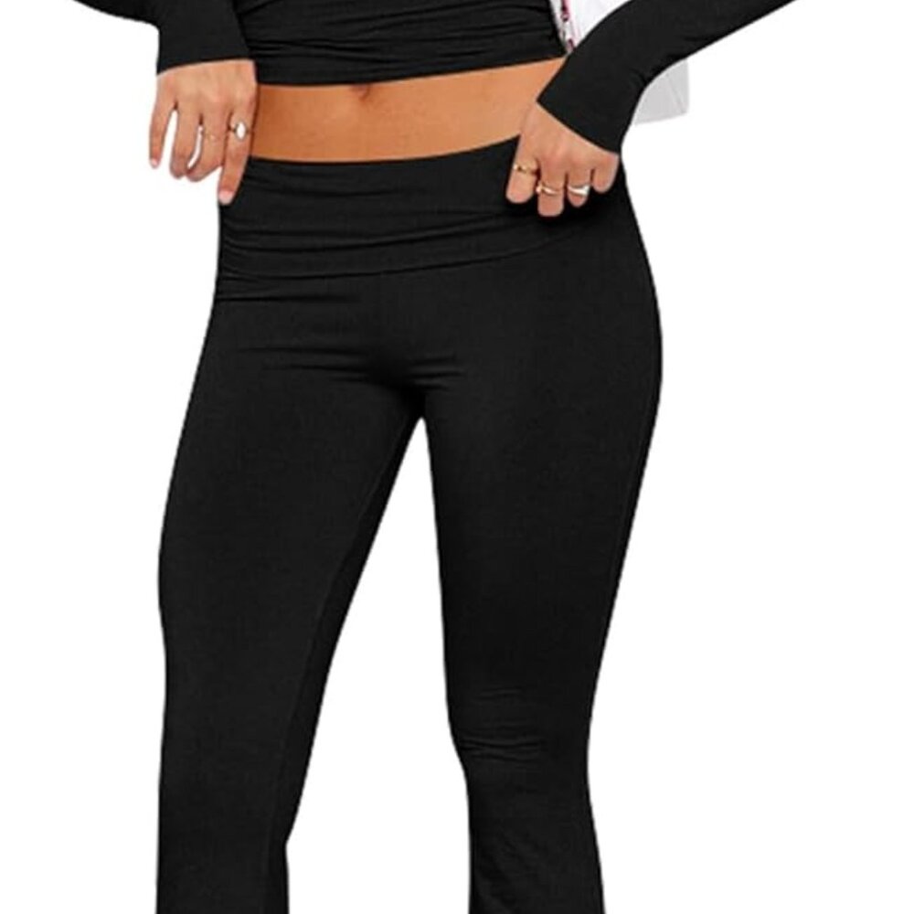 Trendy Women's Flared Leggings Set: Casual Long Sleeve Crop Tops Ensemble